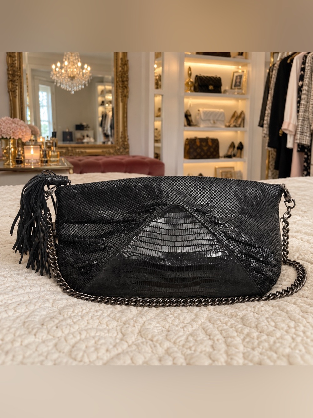 Whiting & Davis Black Metal Mesh Convertible Chain Clutch Bag